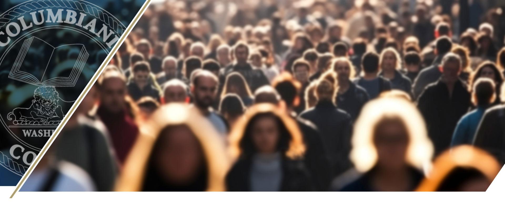 A blurry crowd of people in a crowded city street, with the Columbiani Collegii seal watermark